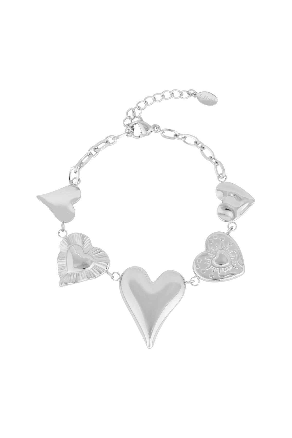 Silver chunky heart charm bracelet laid flat on white background showing five unique heart charms and adjustable chain clasp
