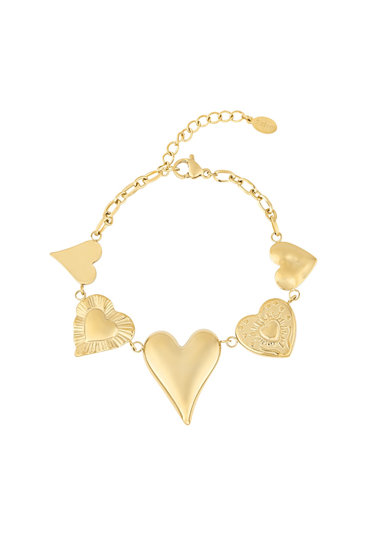 Gold chunky heart charm bracelet laid flat on white background displaying all five heart charms and adjustable chain