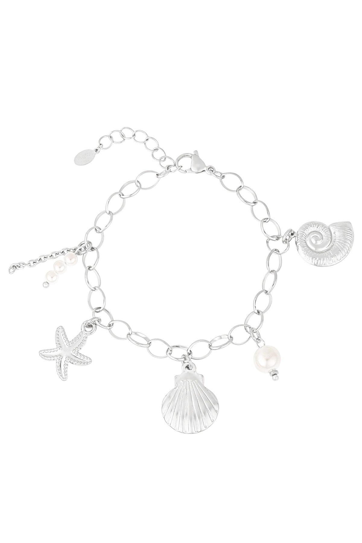 Sculpted Muse silver charm bracelet with seashell, starfish, and pearl charms on a delicate oval-link chain.