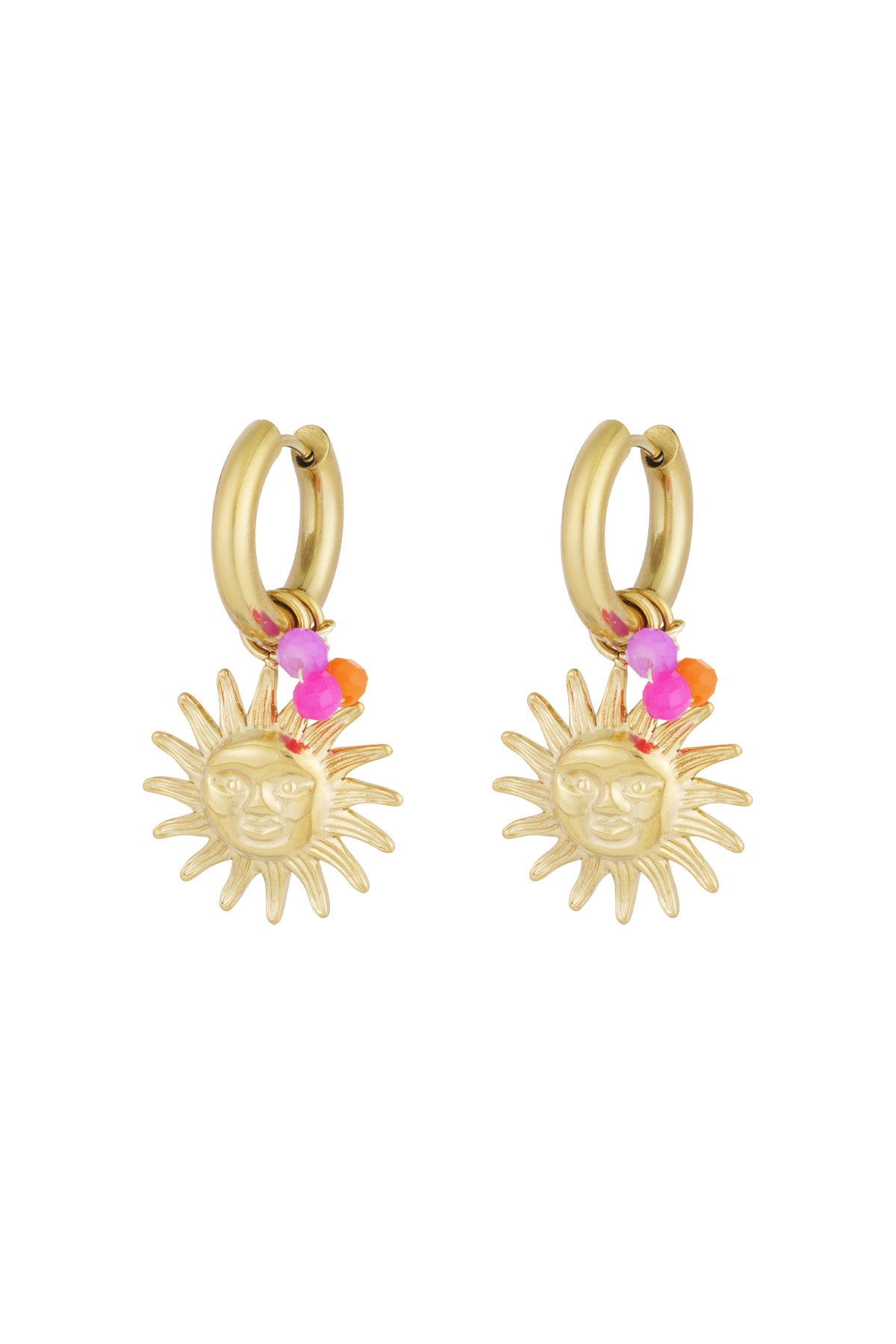 Gold-tone hoop earrings with sun face charms and pink, orange beads on white background