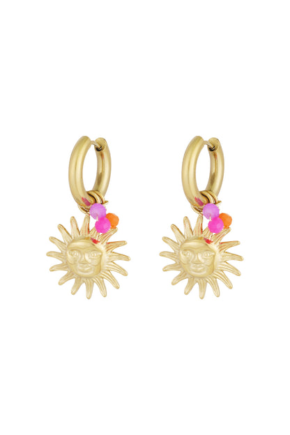 Gold-tone hoop earrings with sun face charms and pink, orange beads on white background