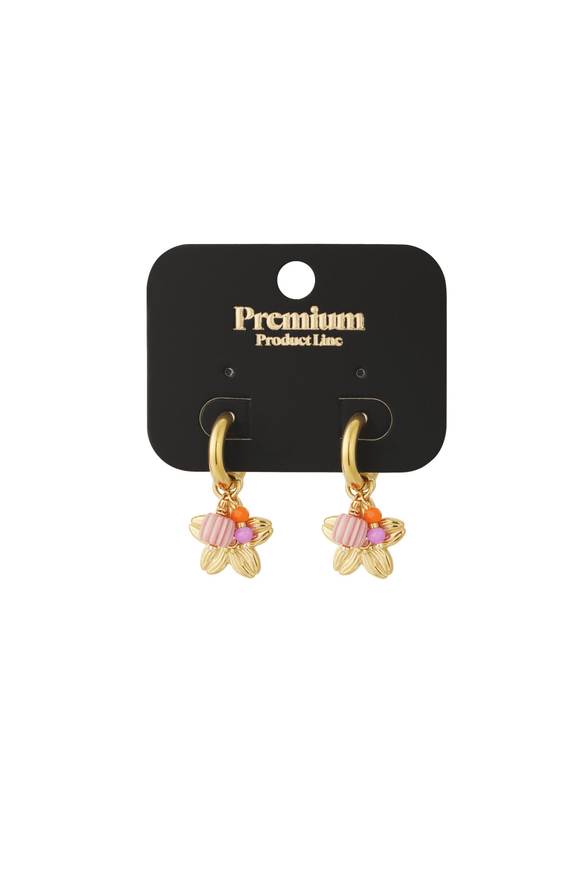 Gold-tone floral charm hoop earrings displayed on a black card labelled 'Premium Product Line'