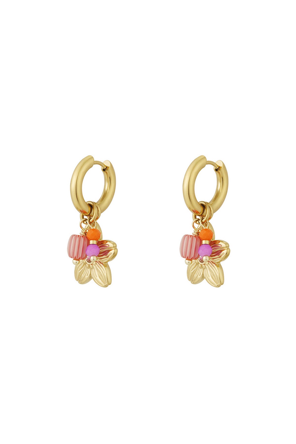 Pair of gold-tone hoop earrings adorned with playful floral charms and colourful pink, orange, and purple beads on white background