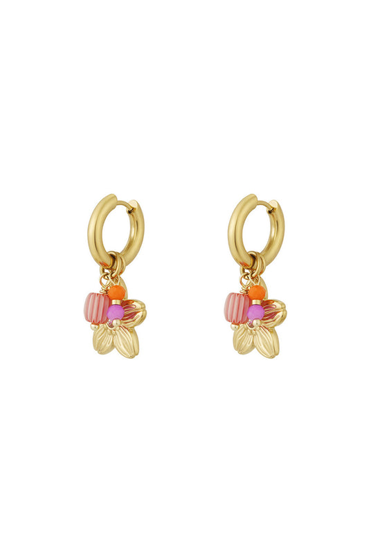 Pair of gold-tone hoop earrings adorned with playful floral charms and colourful pink, orange, and purple beads on white background