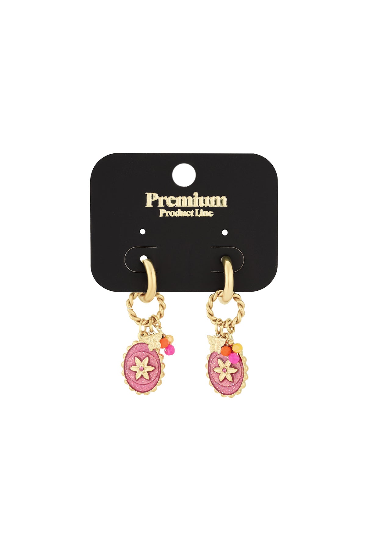 Set of gold butterfly drop earrings with pink flower details displayed on a black Premium Product Line card