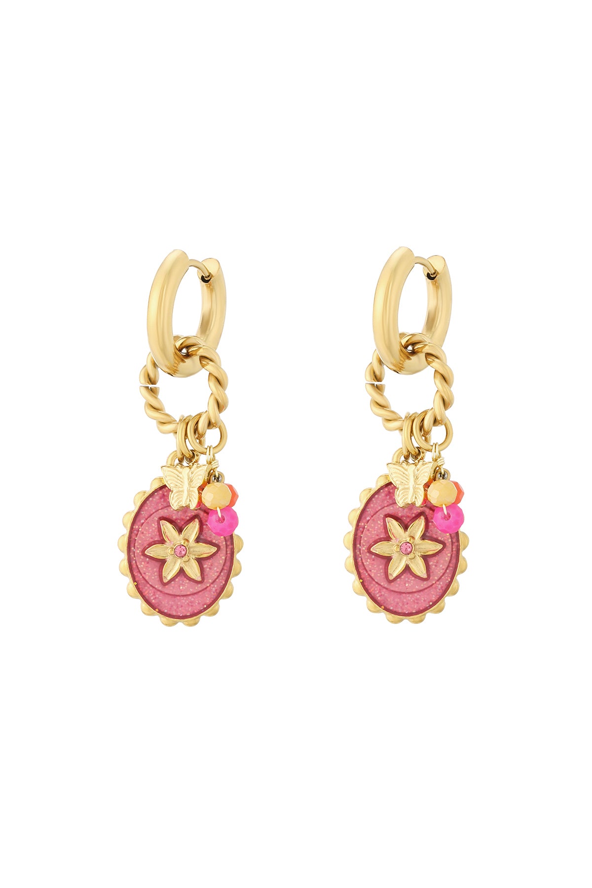 Gold butterfly charm dangle earrings with pink flower pendant and colorful beads on white background