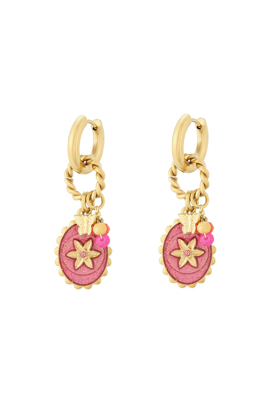 Gold butterfly charm dangle earrings with pink flower pendant and colorful beads on white background