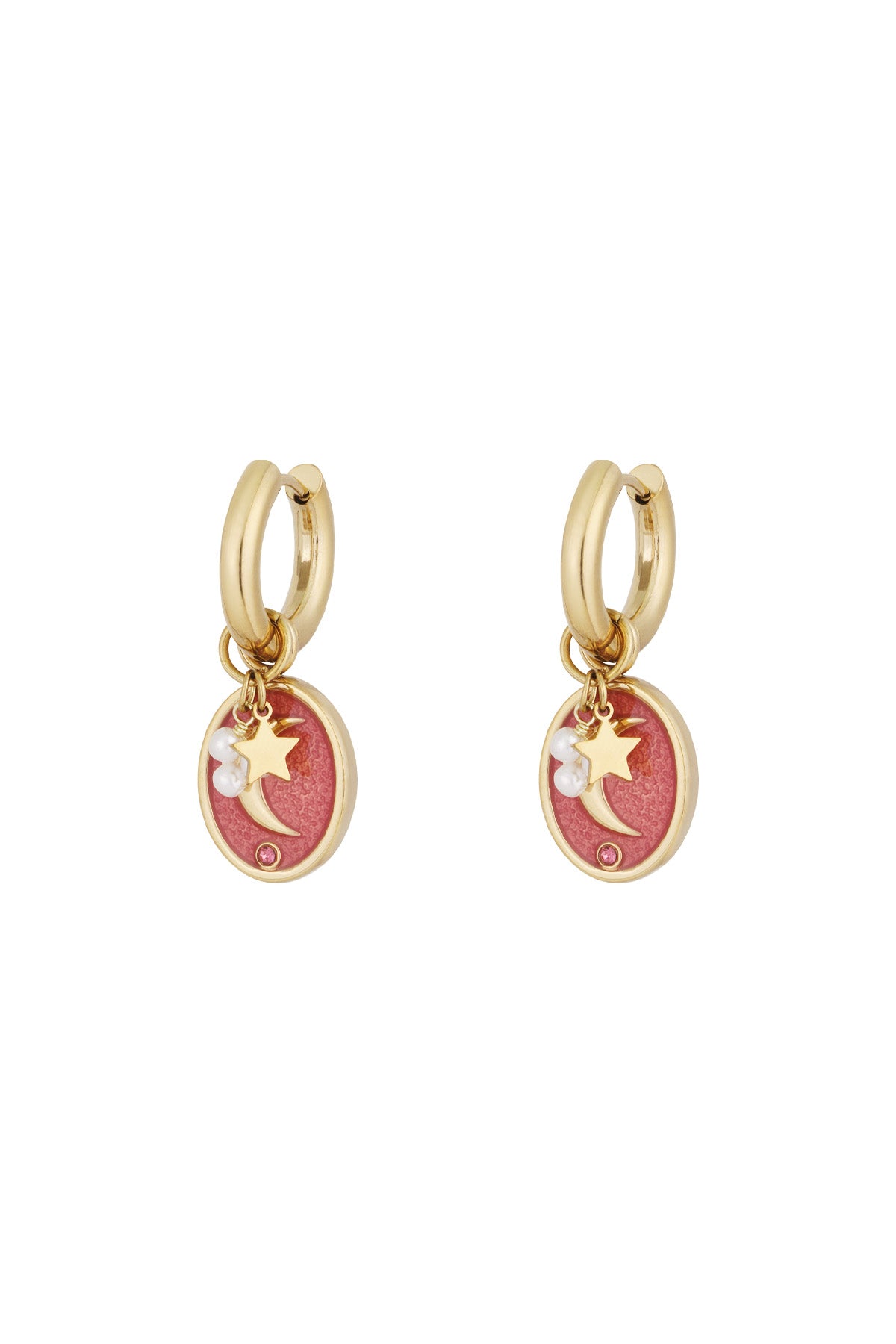Pair of gold-tone hoop earrings with pink enamel oval charms featuring crescent moon, star, faux pearls and rhinestone details on white background