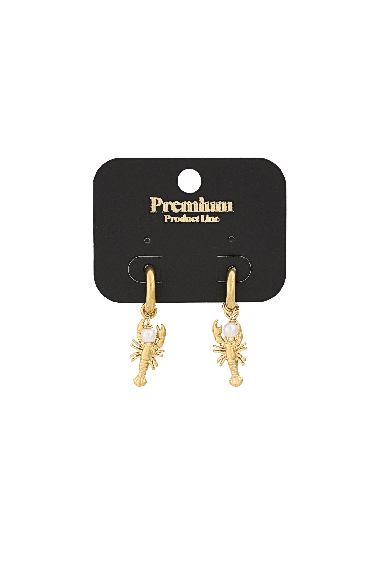 Gold lobster charm earrings on black premium product line card