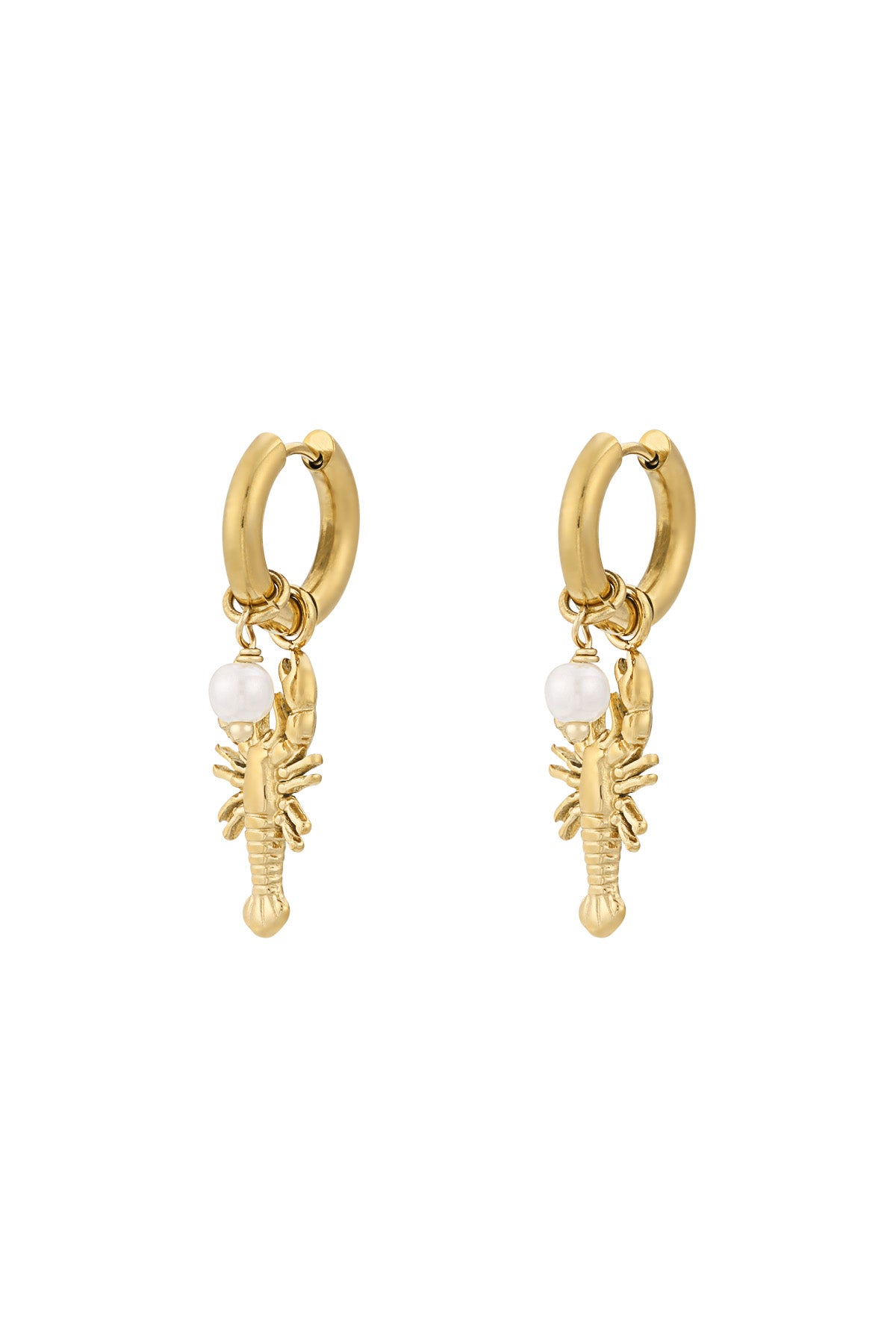 Pair of gold lobster charm drop earrings with small pearl detail on white background