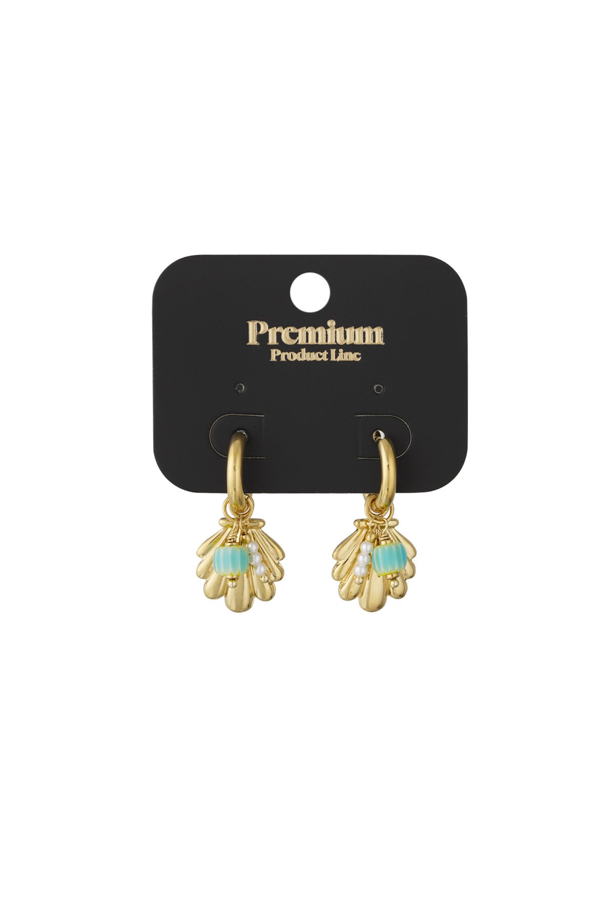 Gold shell charm hoop earrings displayed attached to a black premium product card