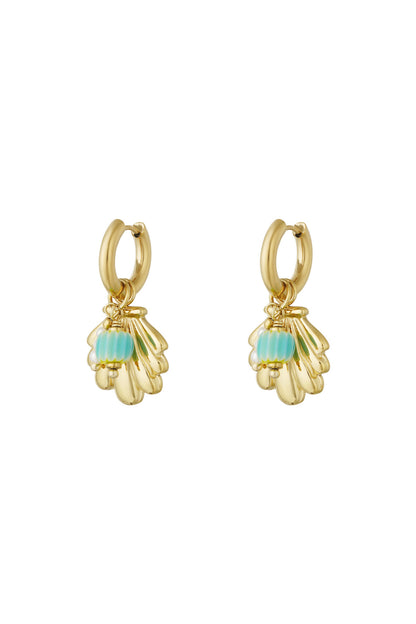 Pair of gold hoop earrings with layered shell charms, turquoise beads, and pearl accents