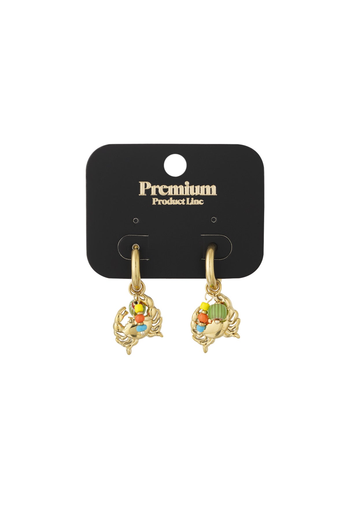 Gold crab charm earrings displayed on a black Premium Product Line card