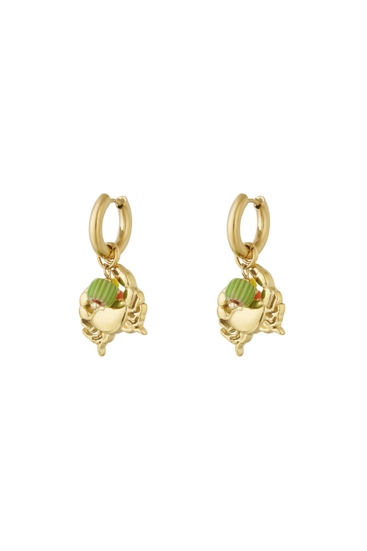 Pair of gold-tone crab charm earrings with colourful enamel beads isolated on white background