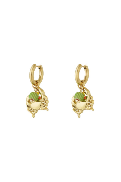 Pair of gold-tone crab charm earrings with colourful enamel beads isolated on white background