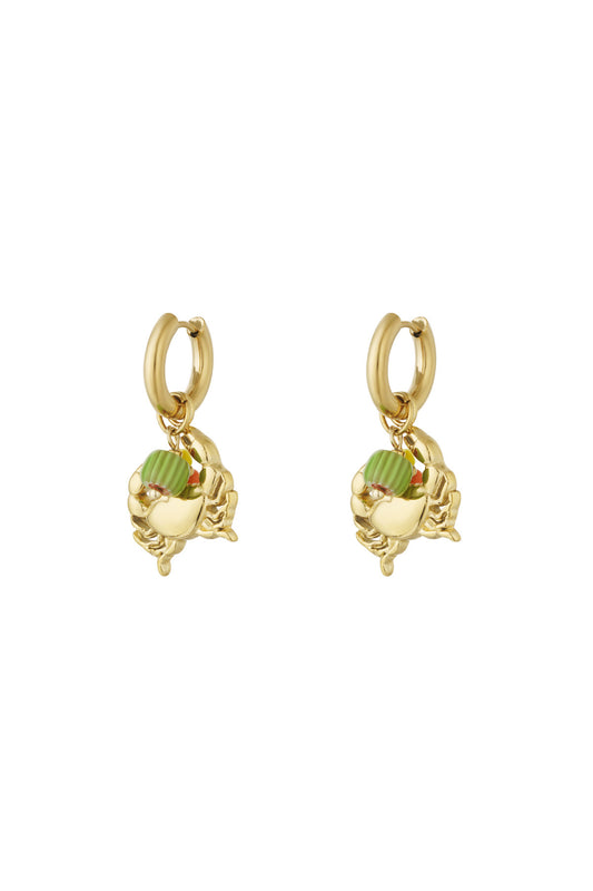 Pair of gold-tone crab charm earrings with colourful enamel beads isolated on white background