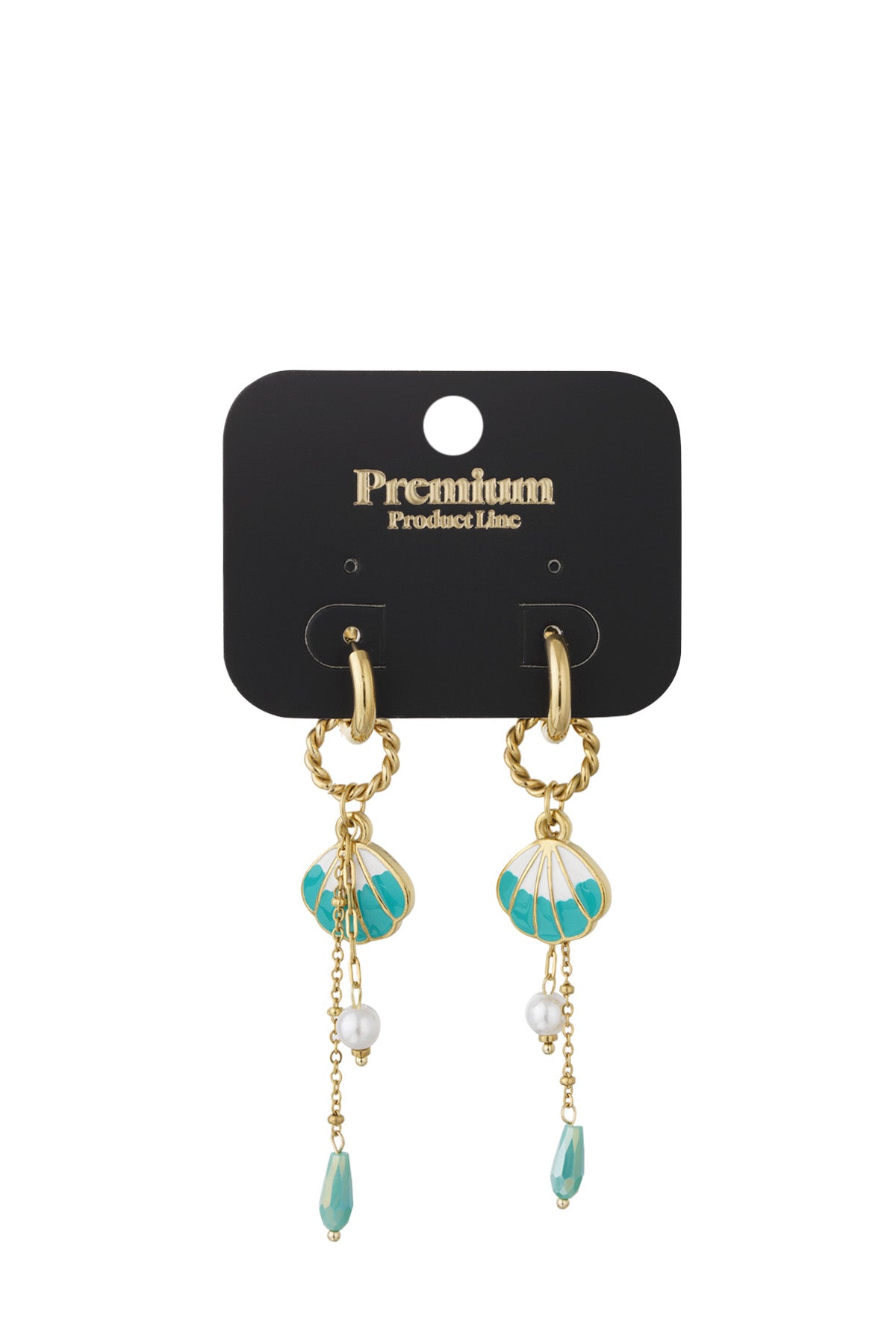 Drop earrings displayed on black Premium Product Line card, showing gold hoop with twisted ring, turquoise enamel shell and dangles
