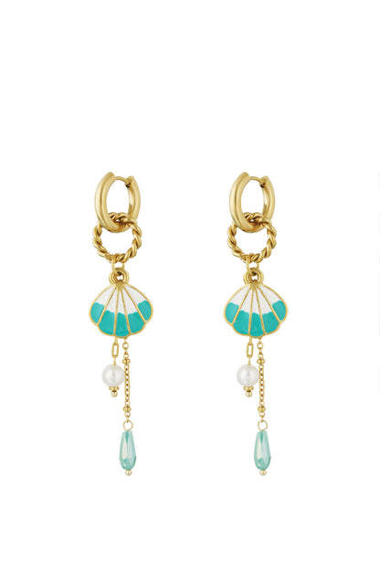 Pair of gold-tone drop earrings featuring twisted hoops, enamel turquoise shell charms, small pearl and turquoise bead dangles