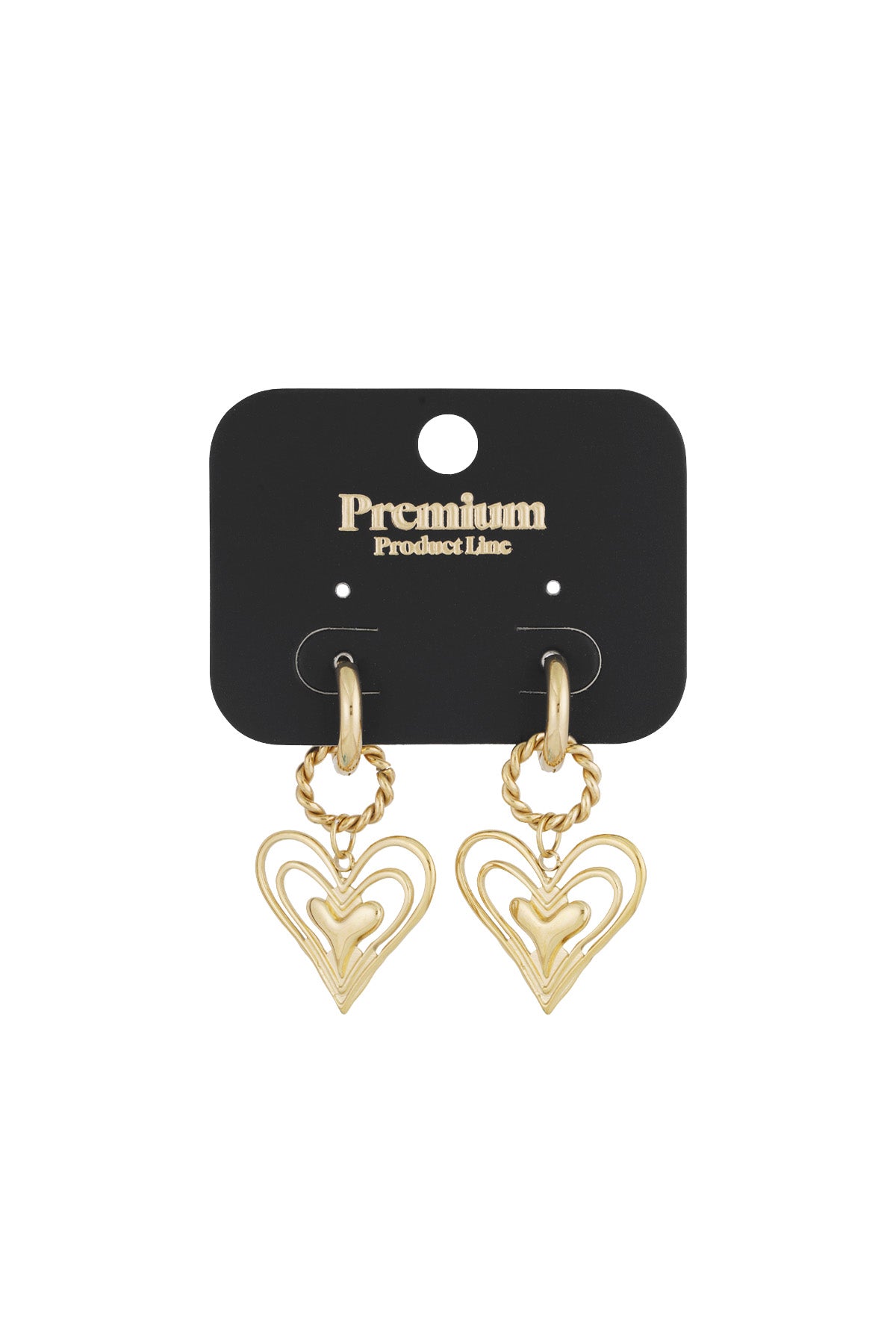 Pair of gold twisted heart hoop earrings displayed on black premium product card