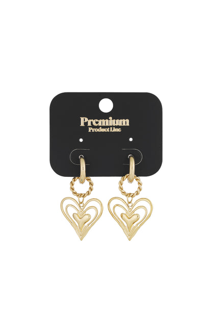 Pair of gold twisted heart hoop earrings displayed on black premium product card