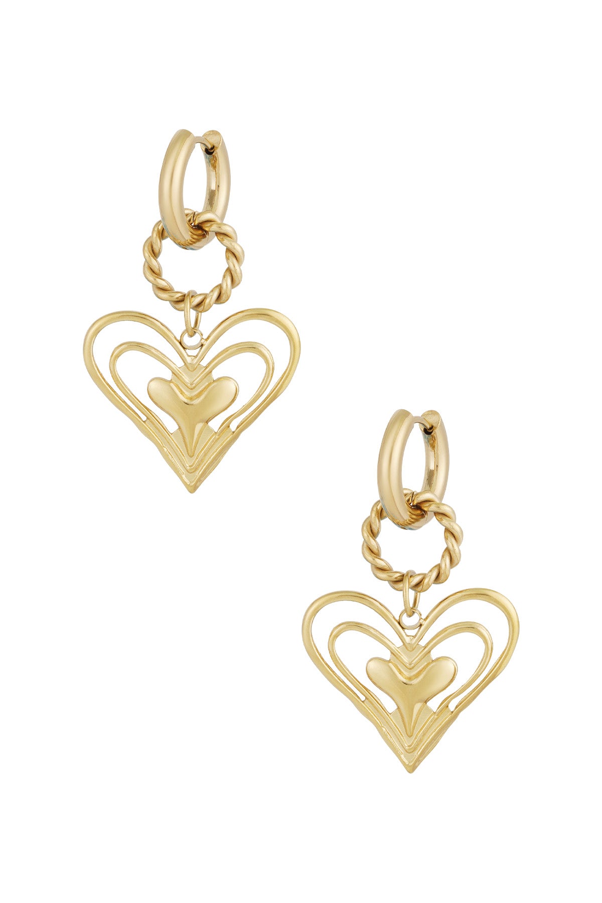 Gold twisted hoop earrings with layered open heart charm on white background