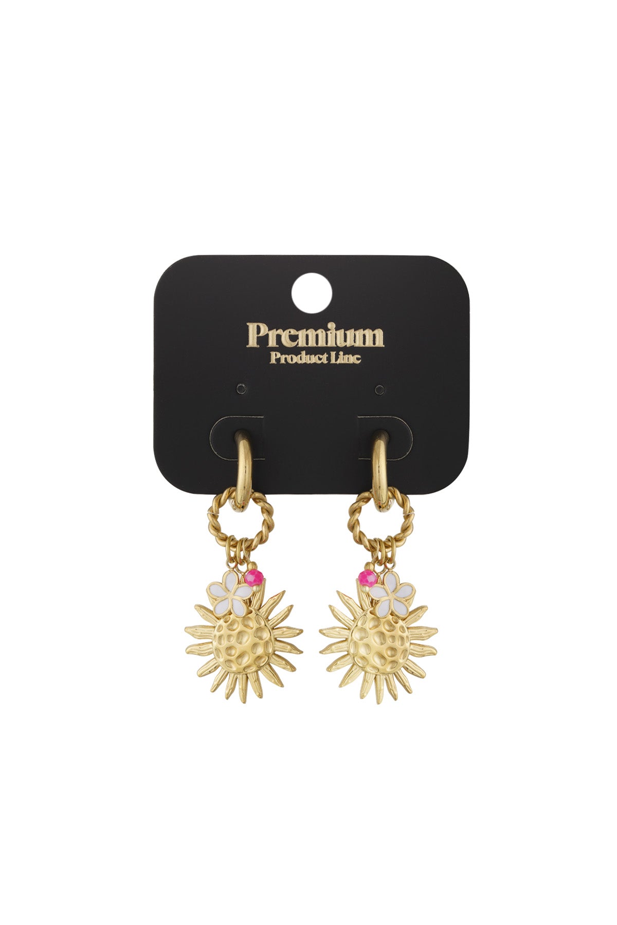 Gold-tone drop earrings displayed on premium black earring card with sun charm, enamel flower, and pink bead details.