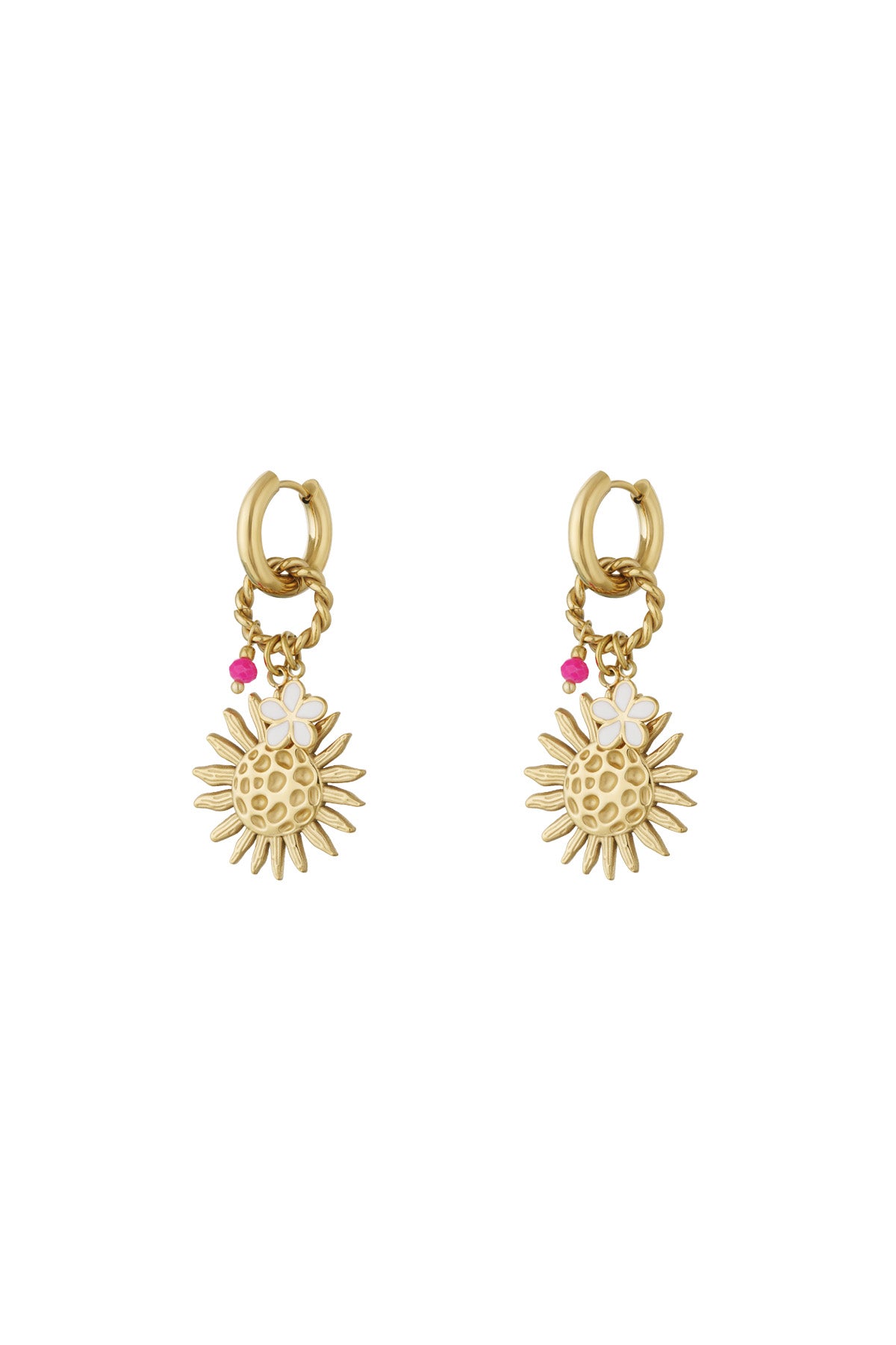 Pair of gold-tone drop earrings featuring textured sun charms, small white enamel flowers, and pink beads on hoop and twisted ring attachments.