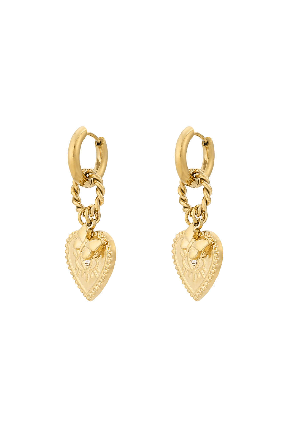 Studio image of gold heart charm hoop earrings with butterfly detail on white background