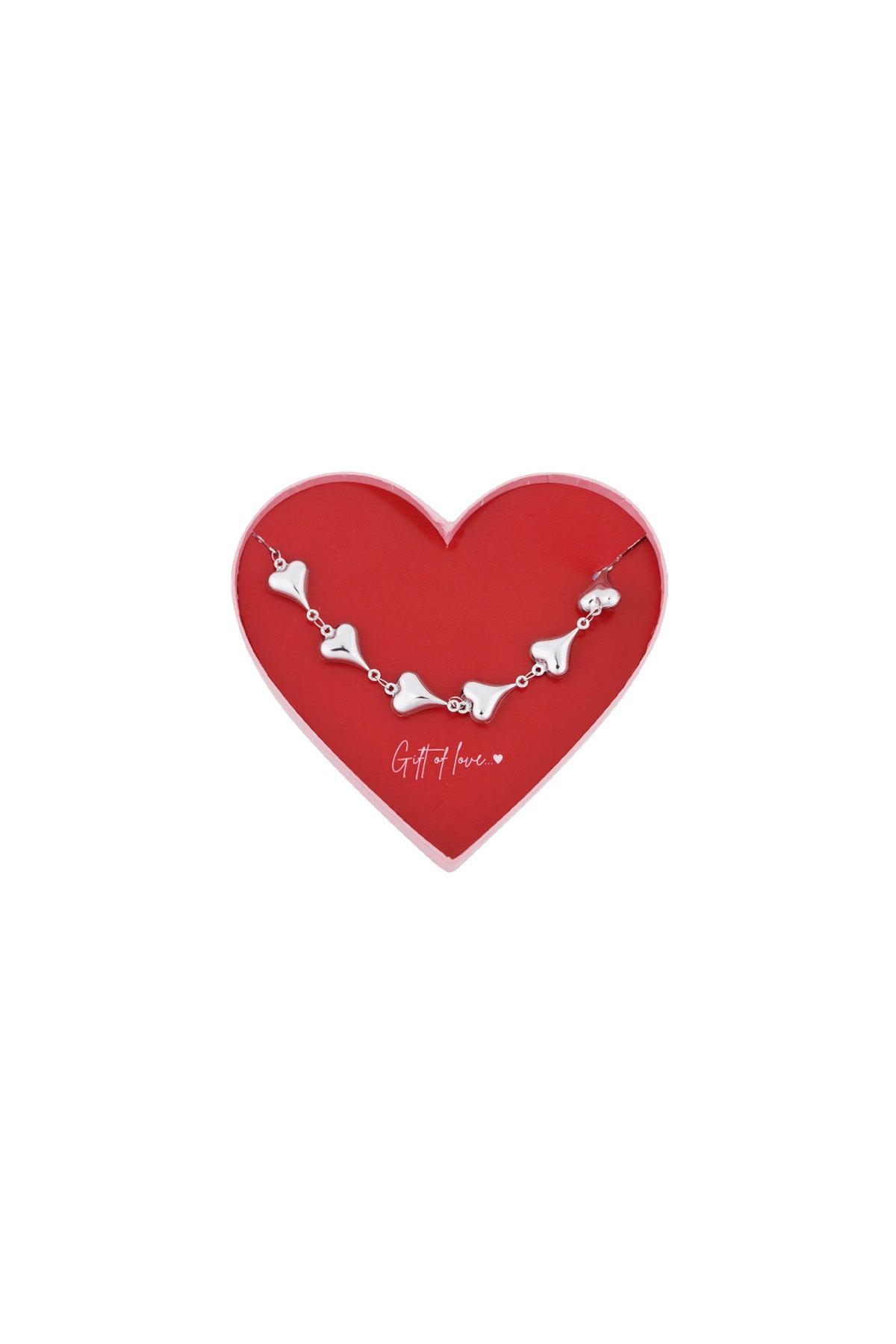 Silver heart chain bracelet displayed inside a red heart-shaped gift box with 'Gift of love' inscription