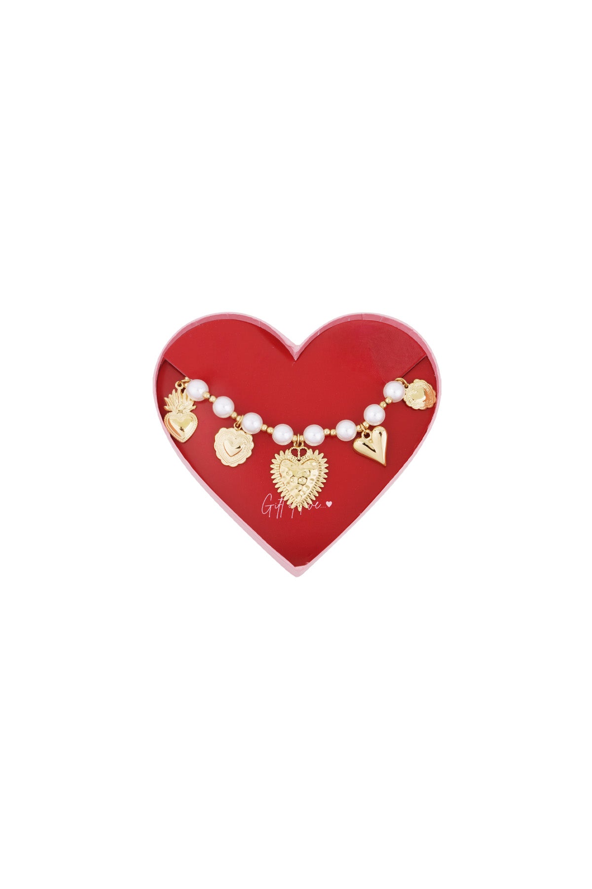Gold-tone beaded bracelet with pearls and heart charms displayed in a red heart-shaped box