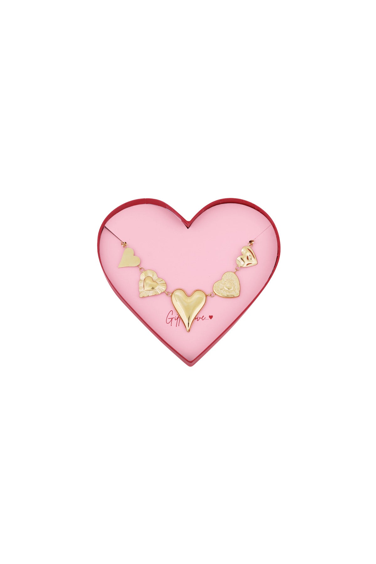 Gold heart charm bracelet with five distinct heart-shaped charms displayed inside a pink heart shaped box with red edges and the phrase 'Gift of Love'