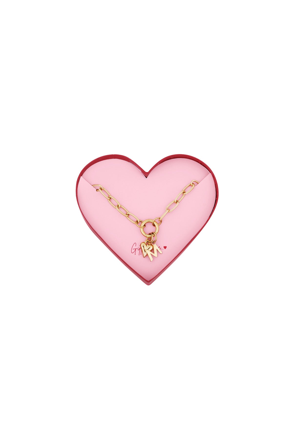 Gold-tone chain bracelet with heart and letter M charms displayed inside a pink heart-shaped gift box with red border