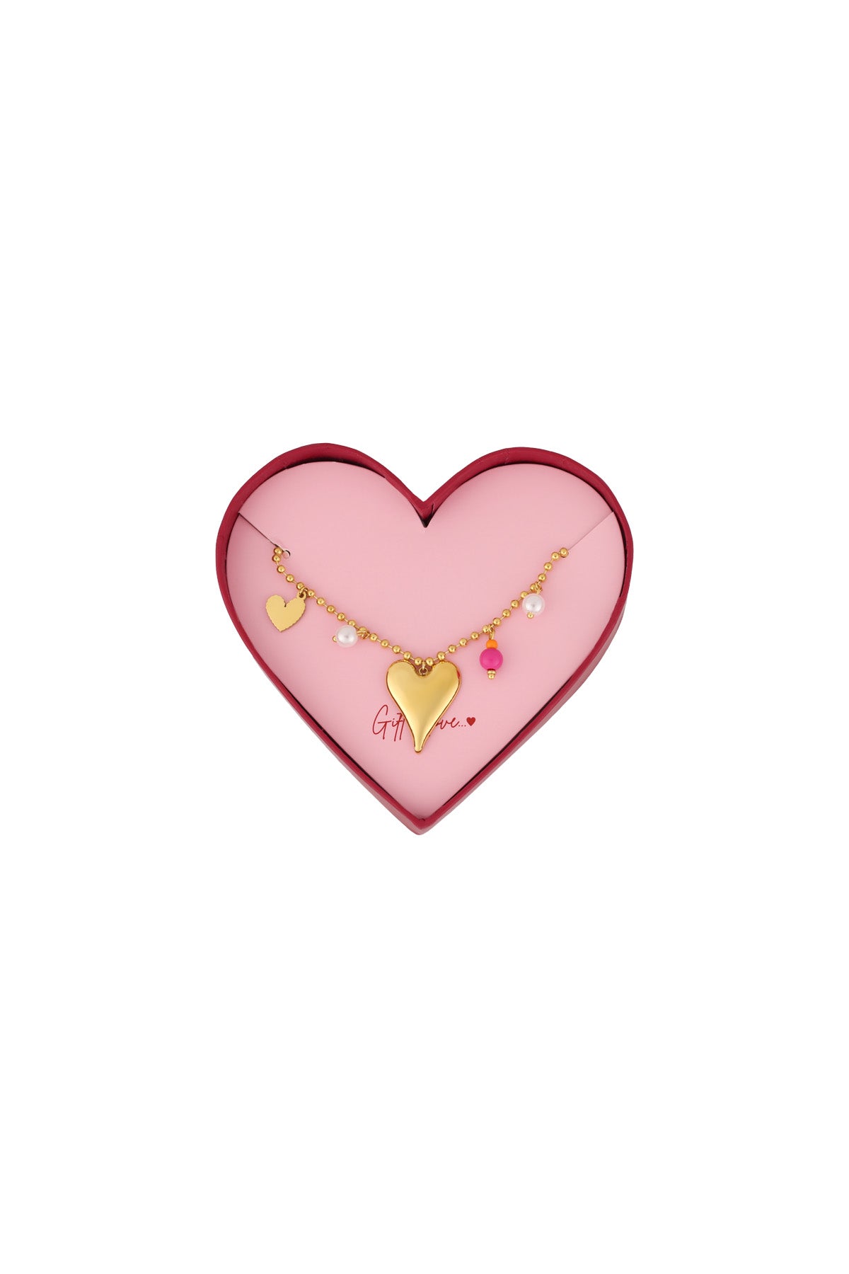 Gold heart charm bracelet with pearls and pink bead on gold bead chain in heart-shaped pink and red gift box