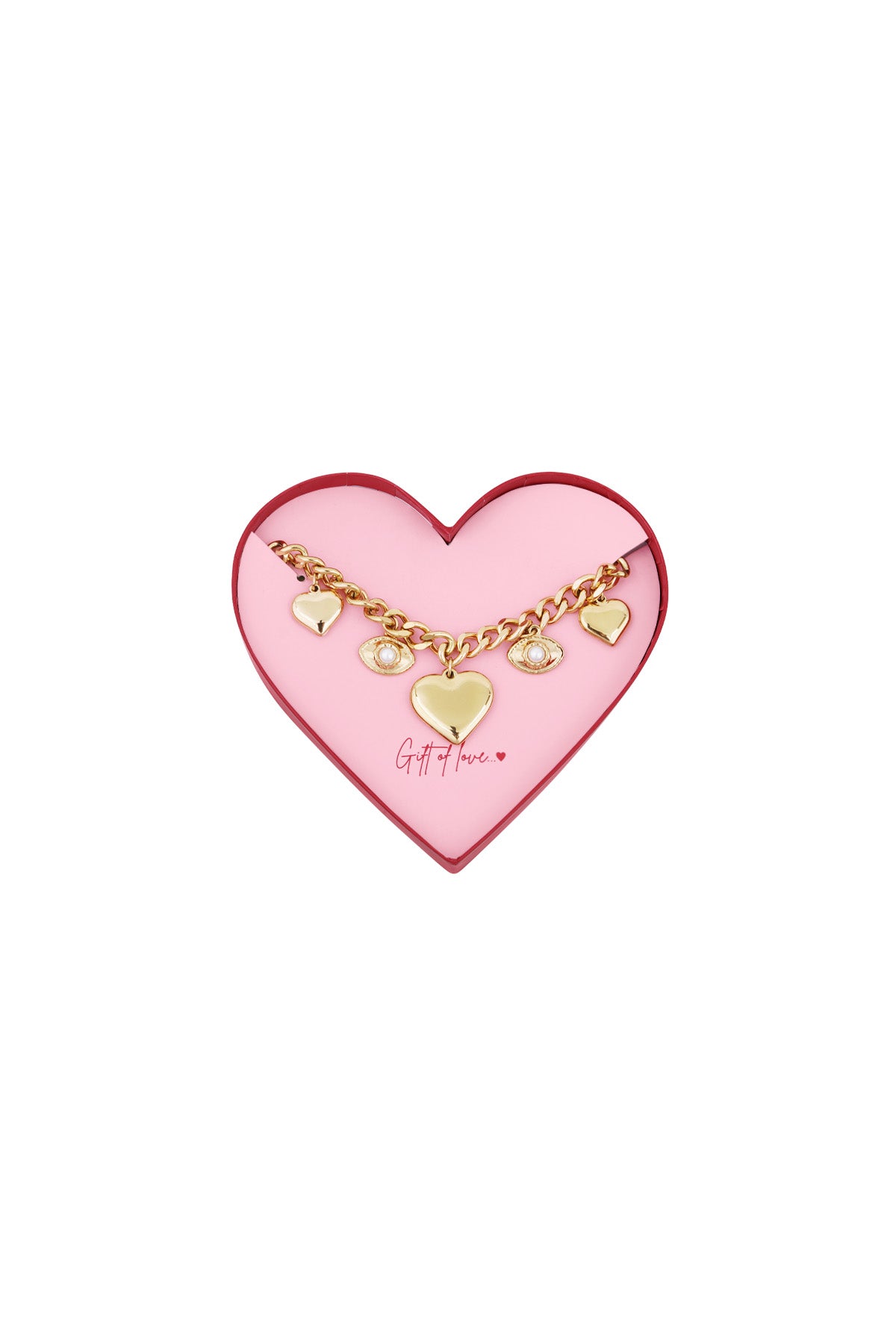 Gold-tone charm bracelet with heart and eye charms displayed inside a pink heart-shaped box