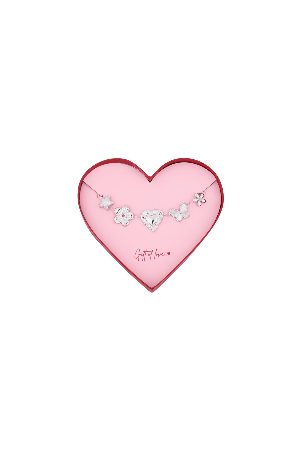 Silver stainless steel bracelet with star, flower, heart, butterfly, and flower charms in a pink heart-shaped box with red edge and 'Gift of love' text