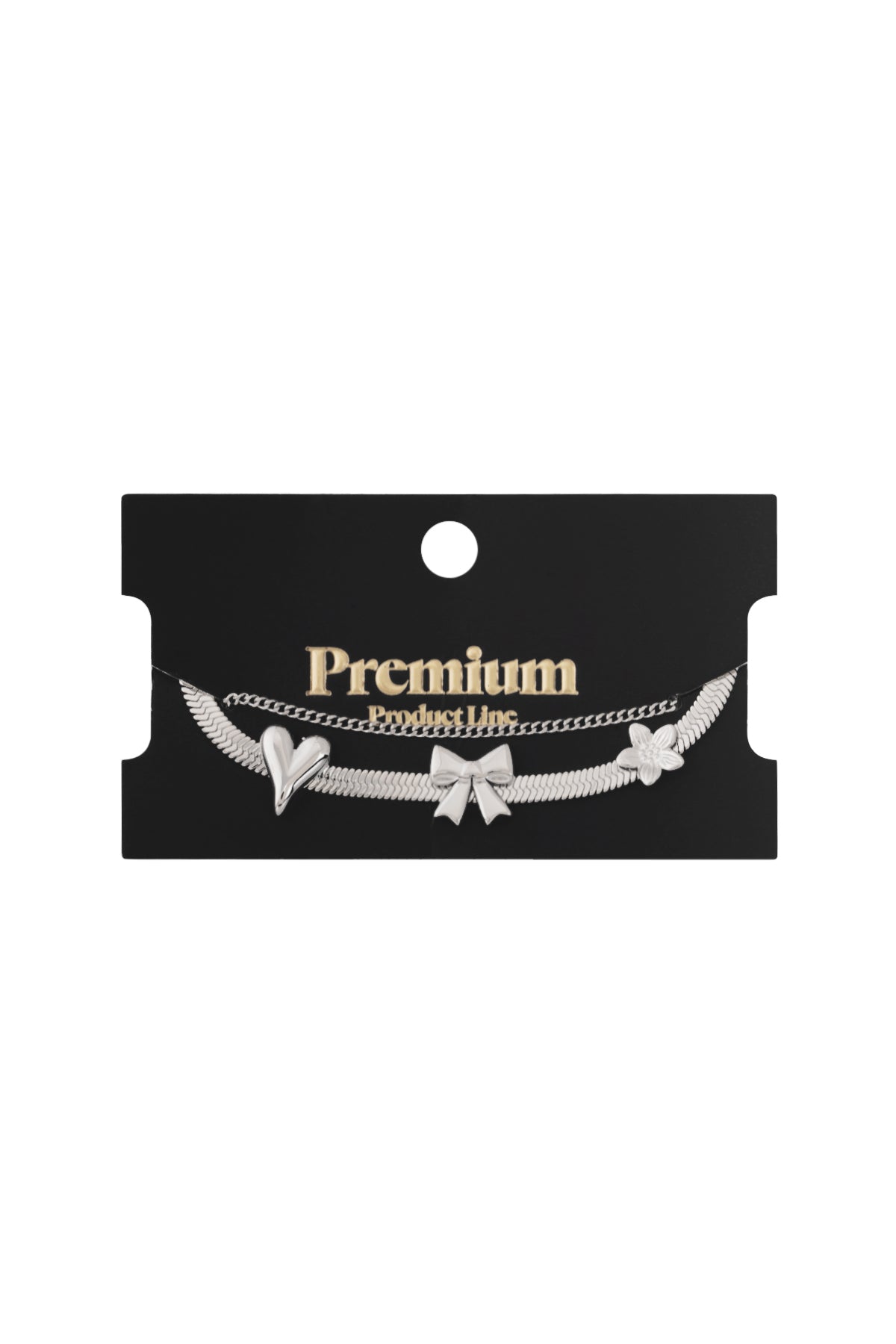 Silver charm bracelet with bow, heart, and flower charms displayed on black Premium Product Line card