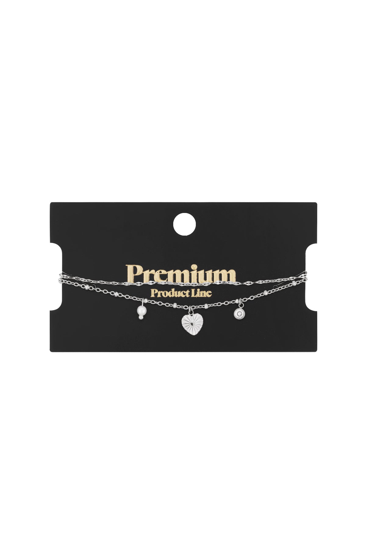 Silver-tone double-strand bracelet with heart, pearl, and crystal charms on a black "Premium Product Line" card.