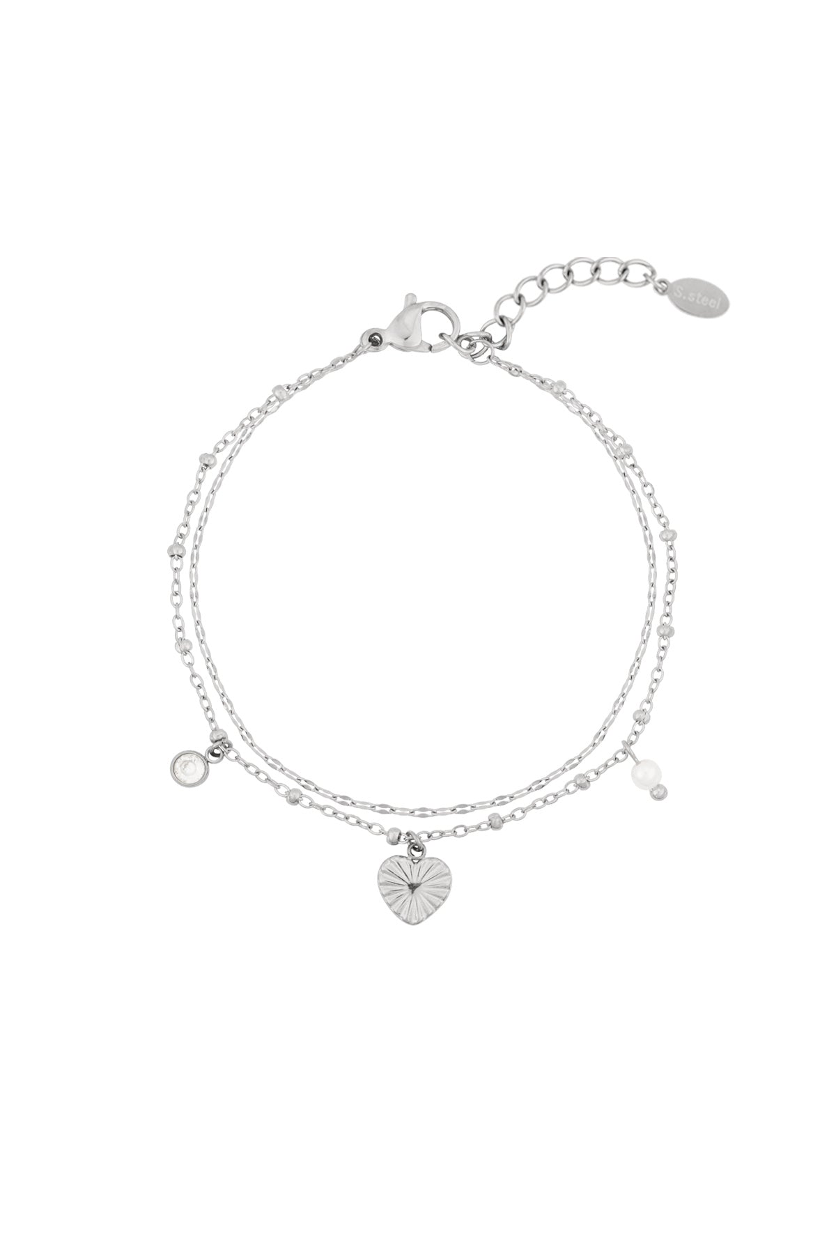 Silver charm bracelet with heart, pearl and crystal charms on double-layered chain with clasp