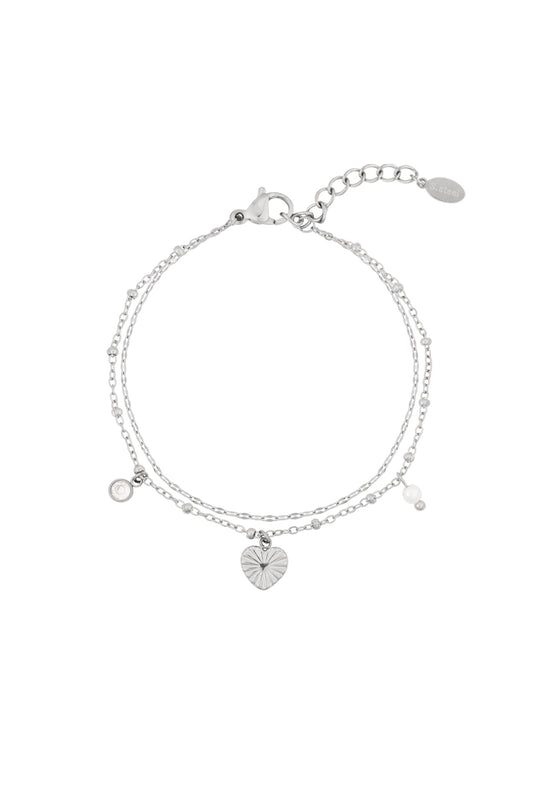 Silver charm bracelet with heart, pearl and crystal charms on double-layered chain with clasp
