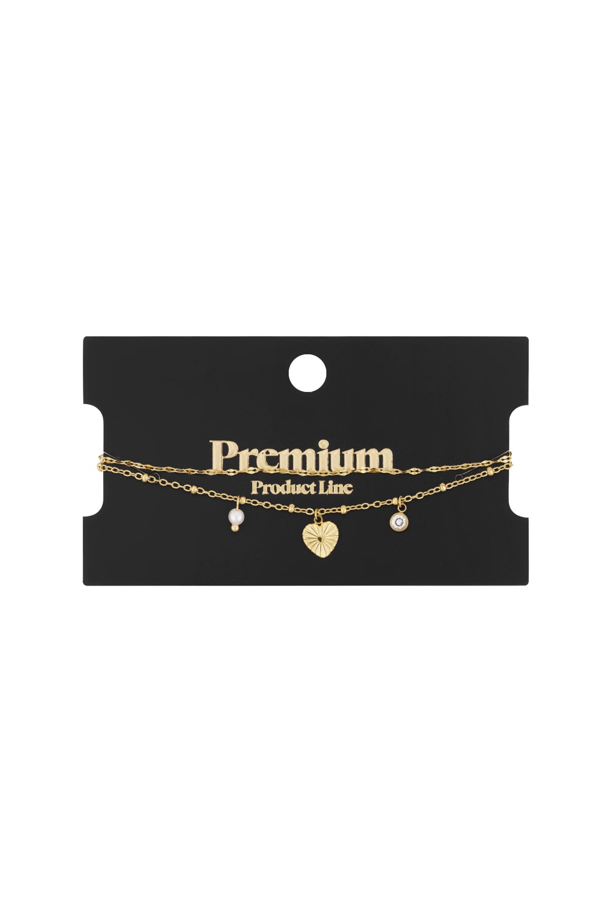 Gold charm bracelet with heart, pearl and crystal charms displayed on black premium product card