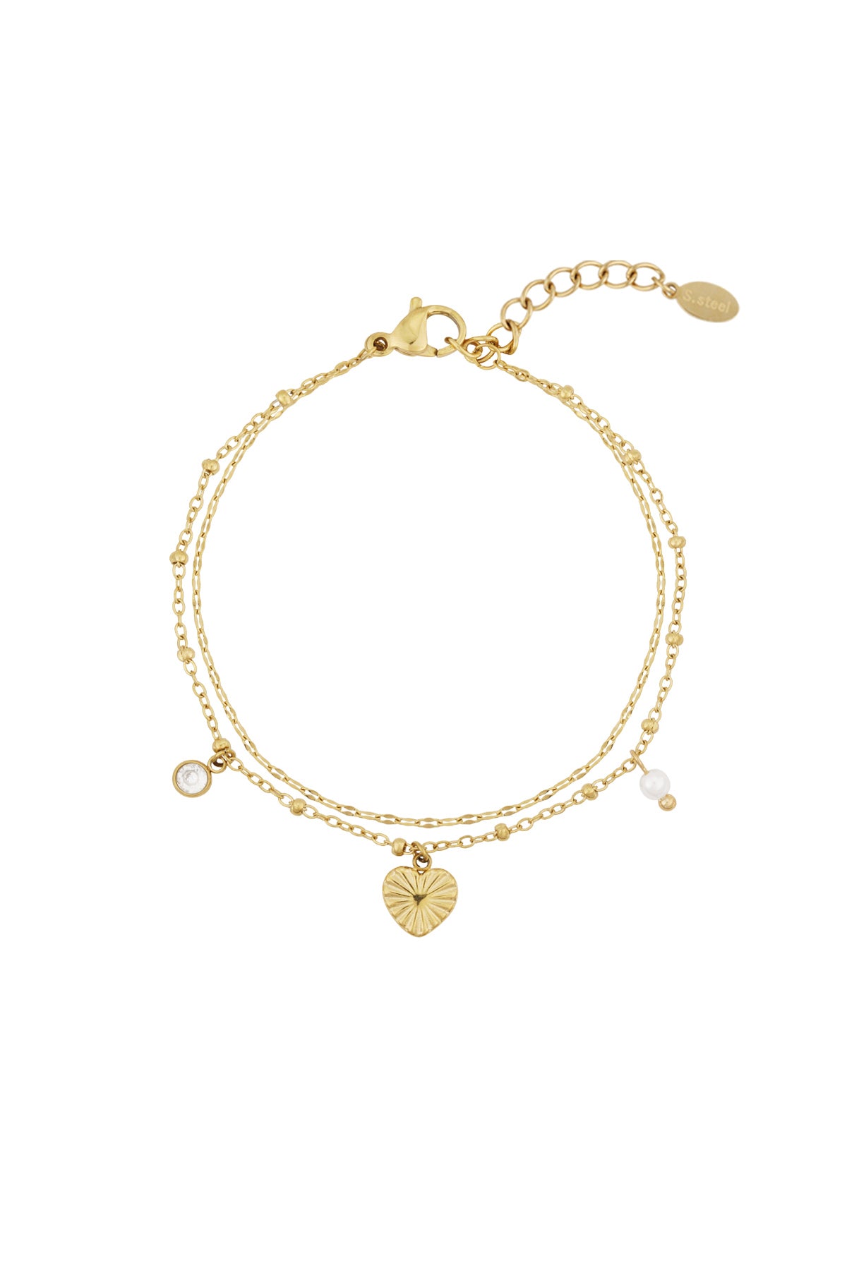 Gold stainless steel double-chain bracelet with a sunburst heart charm, a clear crystal, and a small pearl charm.