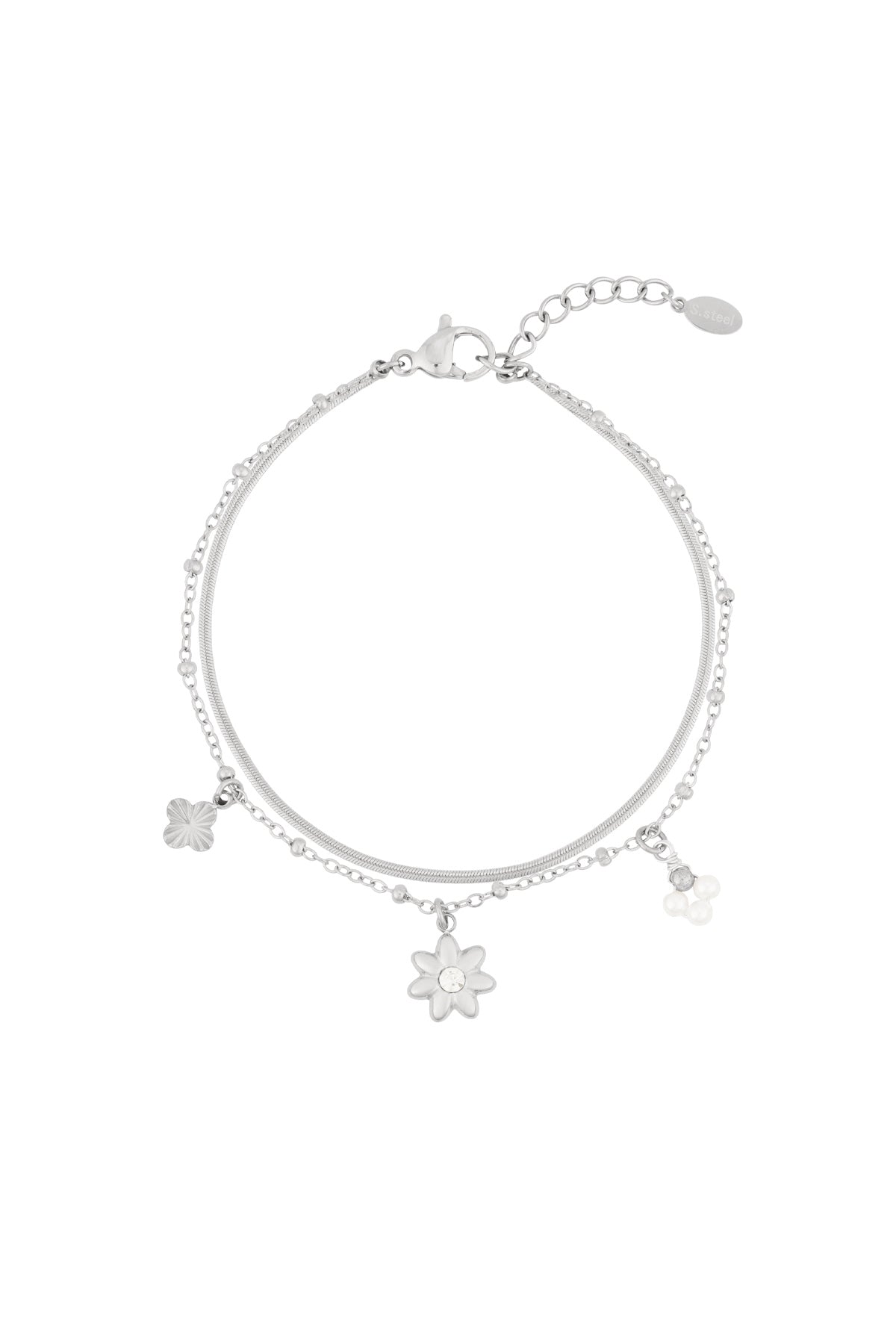 Dainty silver-tone double-chain bracelet with flower, pearl-cluster, and clover charms.