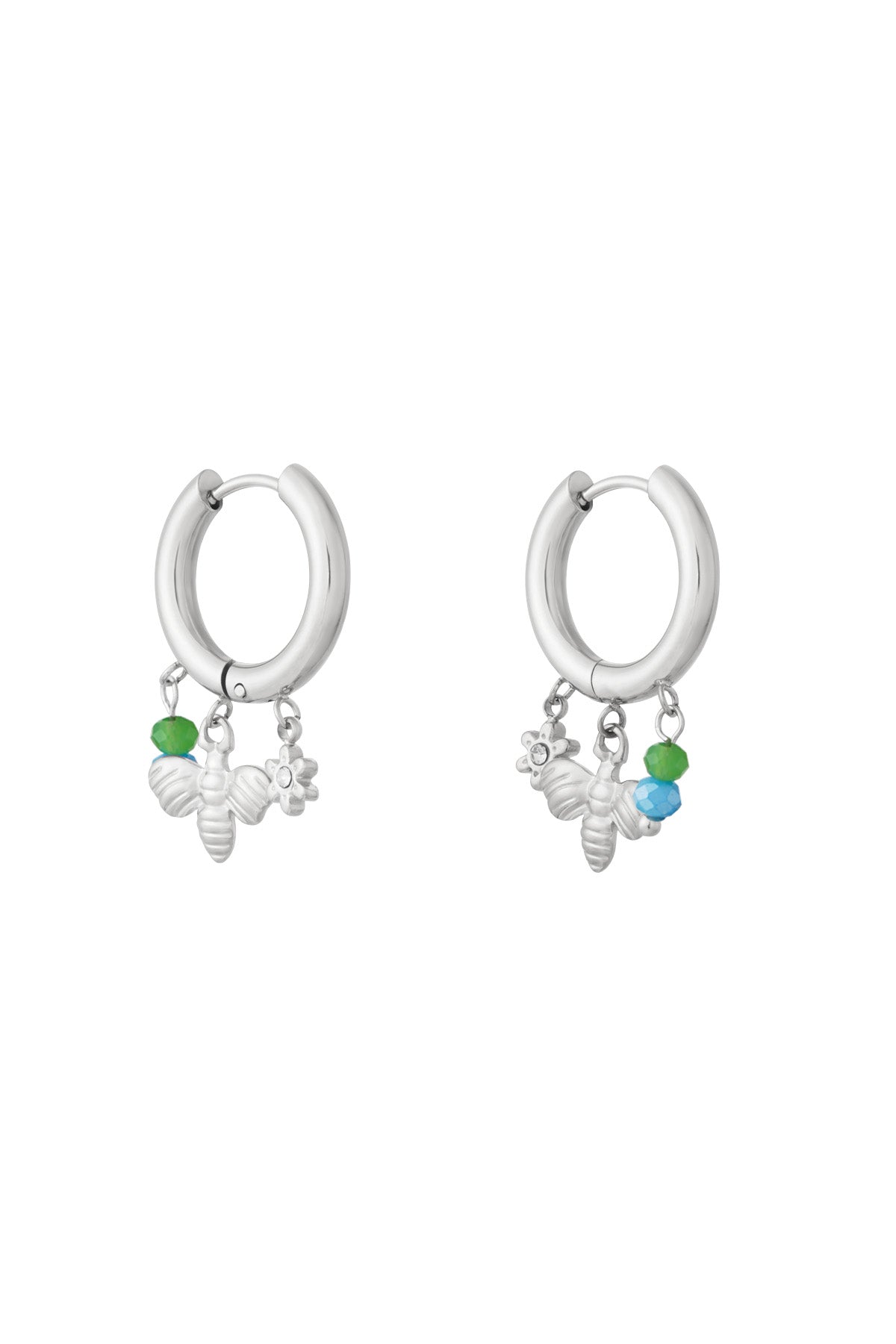 Silver charm hoop earrings with bee, flower charms and green-blue beads