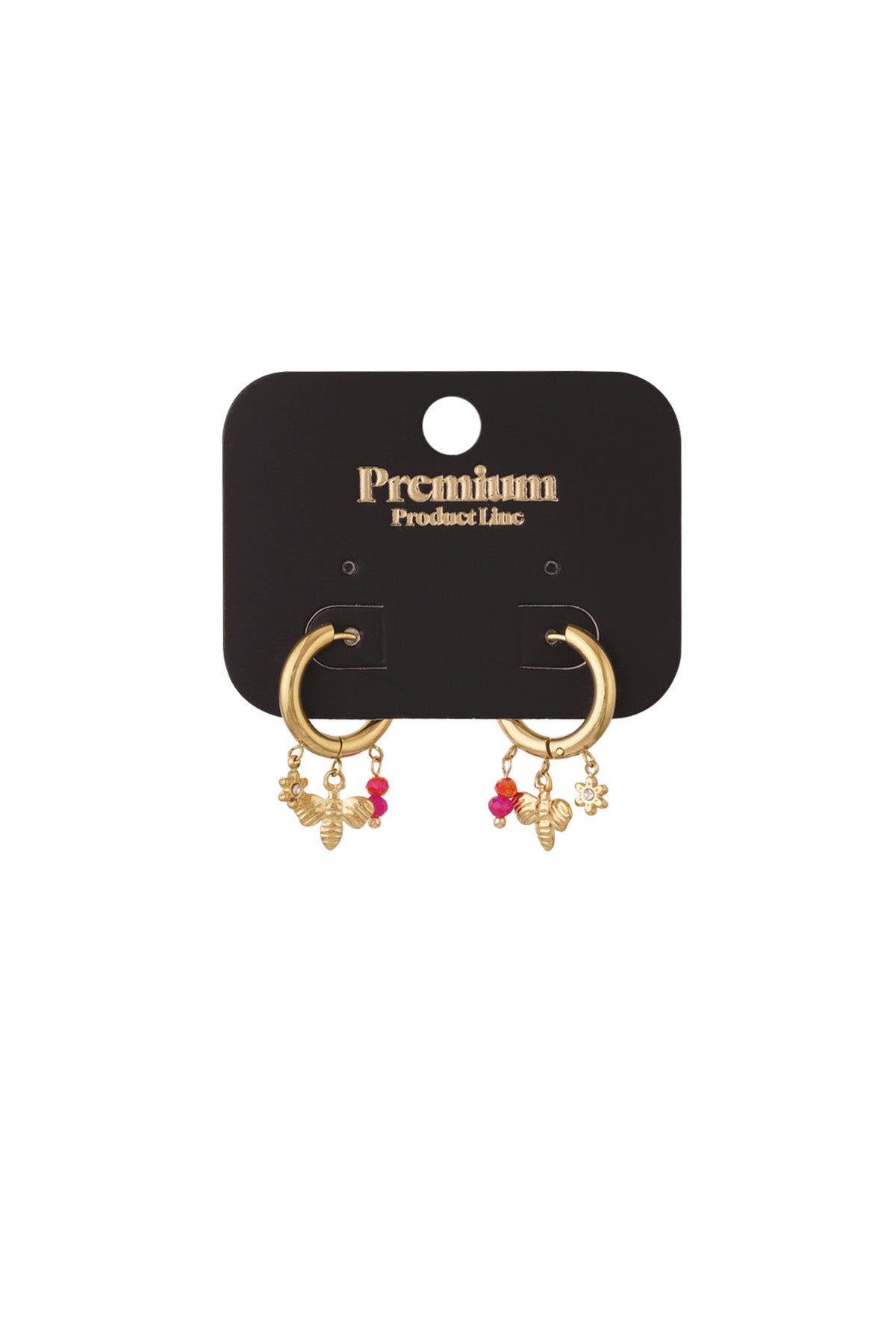 Gold charm hoop earrings with bee, flower charms and red-pink beads on premium black card