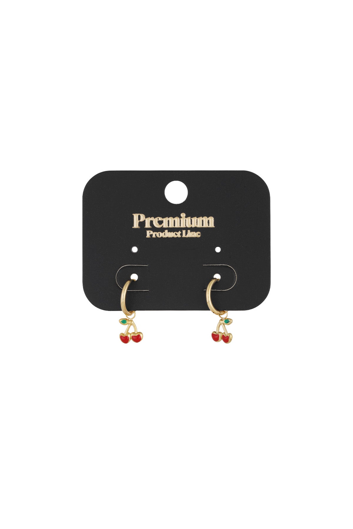 Gold hoop cherry charm earrings displayed on black Premium Product Line card