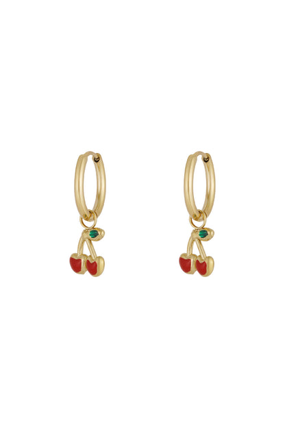 Pair of gold hoop earrings with red cherry charms hanging, isolated on white background