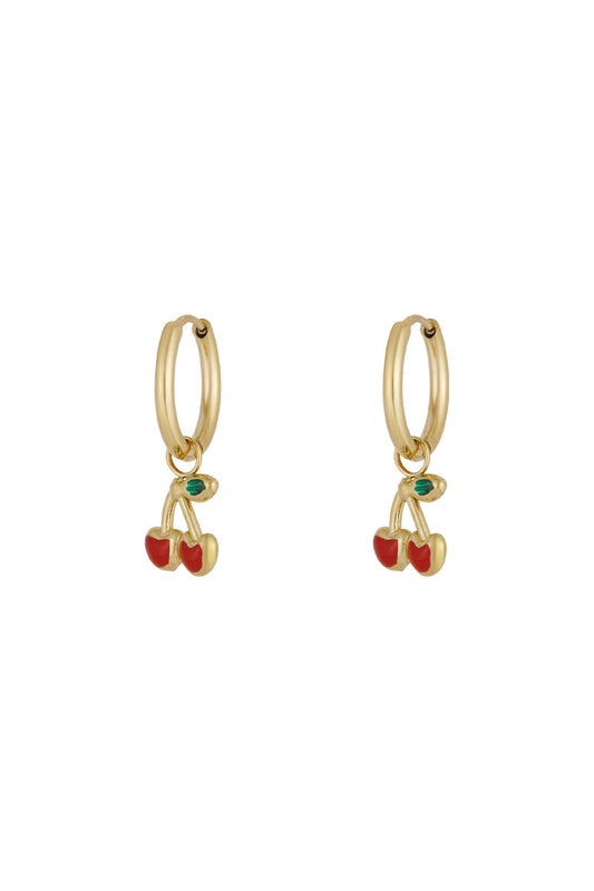 Pair of gold hoop earrings with red cherry charms hanging, isolated on white background