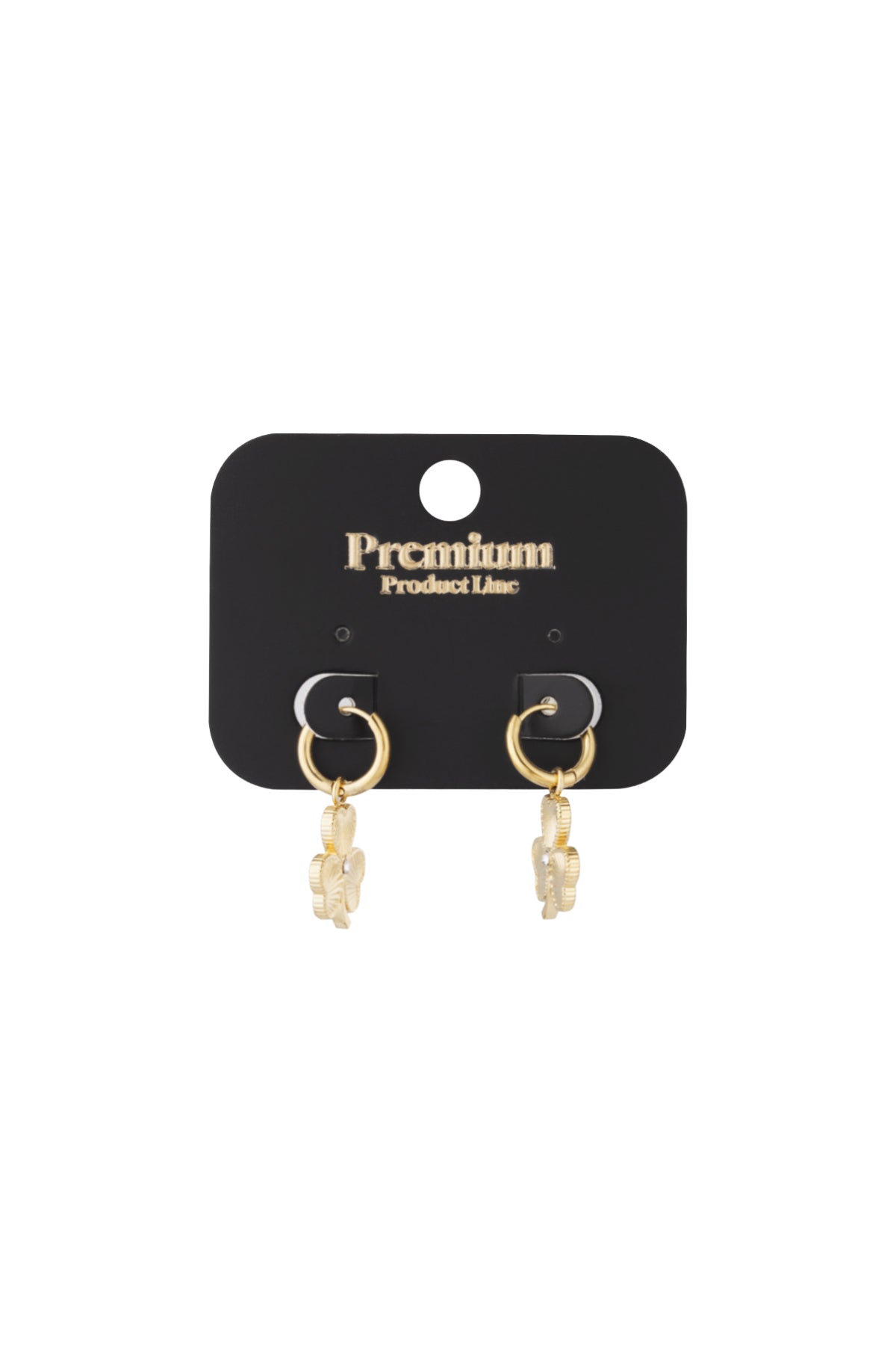 Gold clover charm hoop earrings displayed on black Premium Product Line card