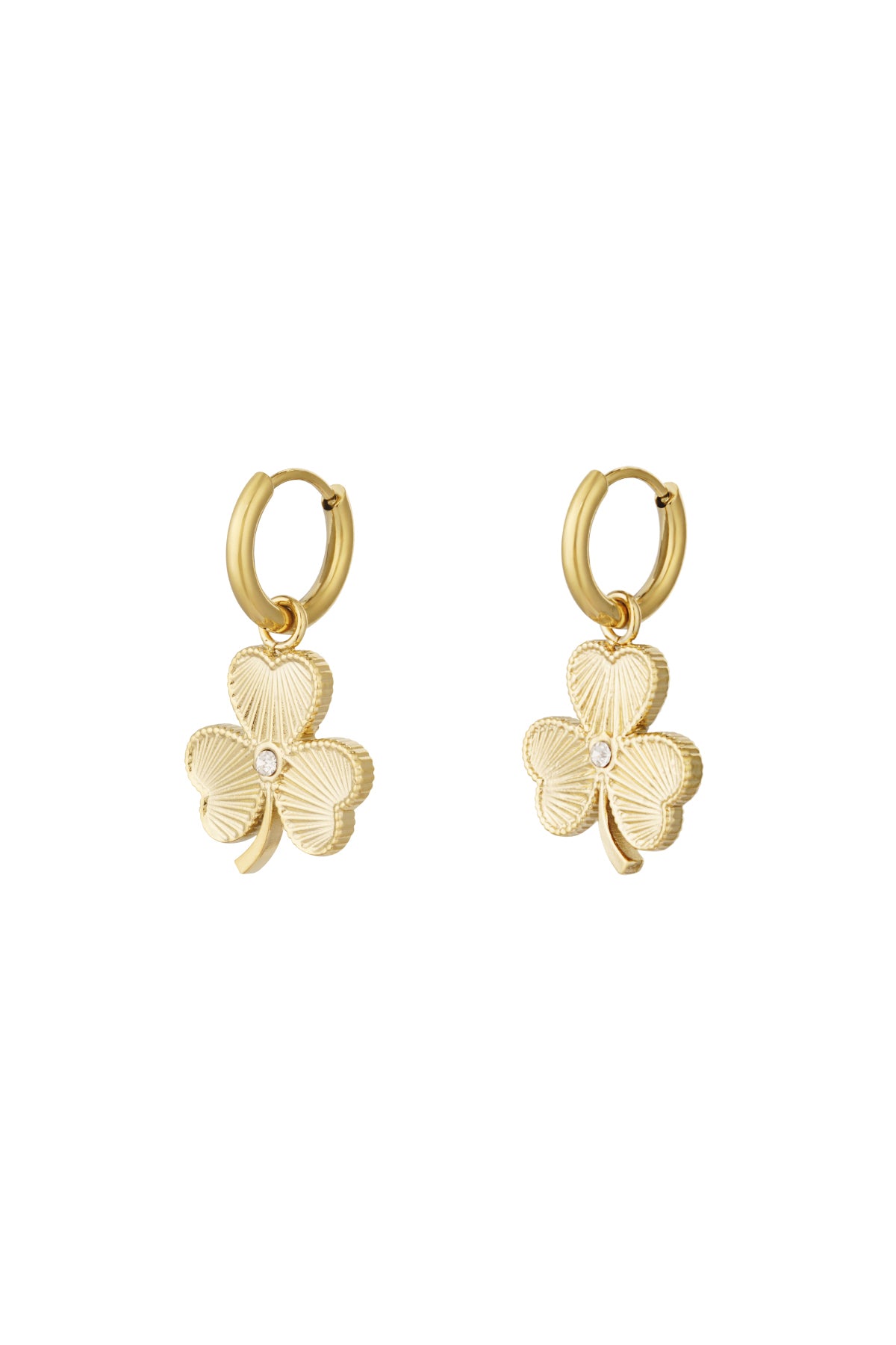 Gold clover charm hoop earrings isolated on white background with detailed texture