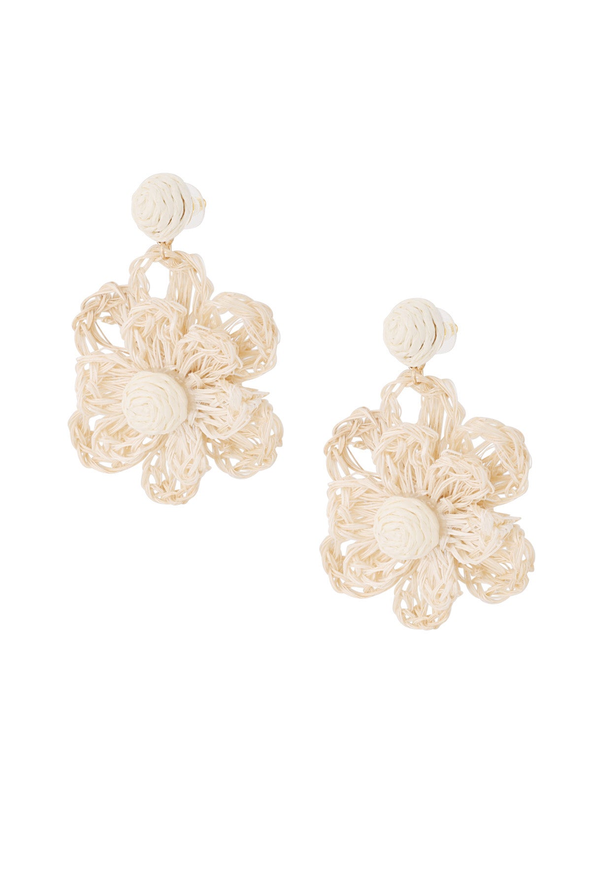 Pair of handcrafted flower-shaped earrings with natural raffia petals and cream woven centers on white background